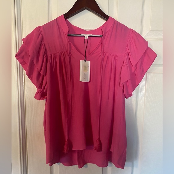 A Loves A Women Pink Tasseled Ruffle Layered Short Sleeve V-Neck Top Blouse L - Picture 3 of 15